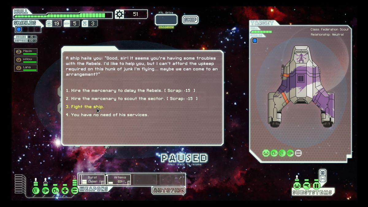 FTL: Faster Than Light (Windows) screenshot: Though most encounters are hostile, sometimes the player is offered a choice.