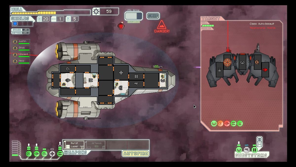 FTL: Faster Than Light (Windows) screenshot: Engaged in combat with an automated Rebel Scout. It usually tries to flee and report your location to your pursuers.