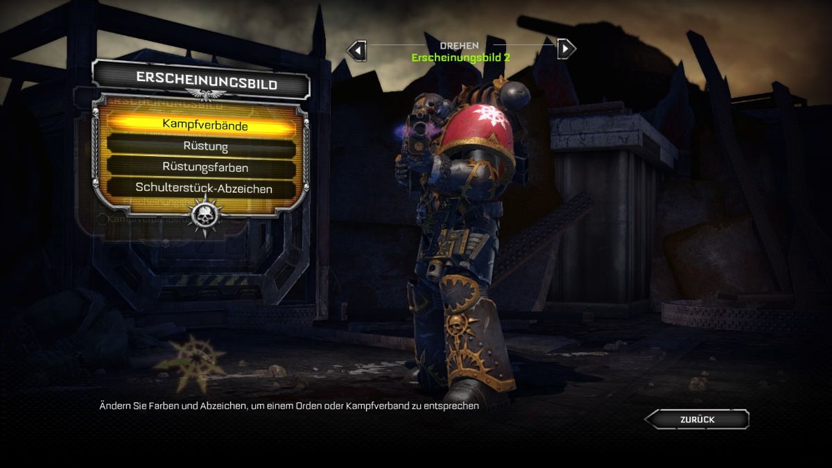 Warhammer 40,000: Space Marine (Windows) screenshot: The game contains also an editor for your online appearance. Online you can also play as Chaos Space Marine.