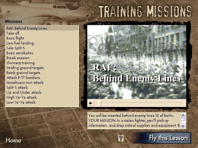 Behind Enemy Lines (Windows) screenshot: The 'big' mission is held here among the training missions. This is an RAF mission, there isn't a corresponding Luftwaffe mission.