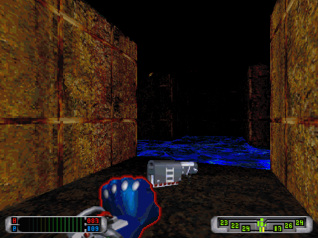 CyberMage: Darklight Awakening (Demo Version) (DOS) screenshot: The first ranged weapon, the Fusion Gun, lies in the sewers. It's a bit more effective than the Starbolt (the starting Darklight power) but the ammo is limited.