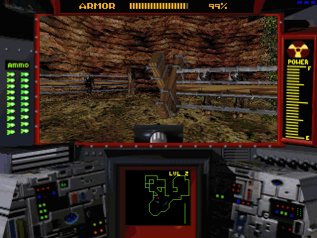 CyberMage: Darklight Awakening (Demo Version) (DOS) screenshot: Tank barriers make it a bit hard to manoeuvre.