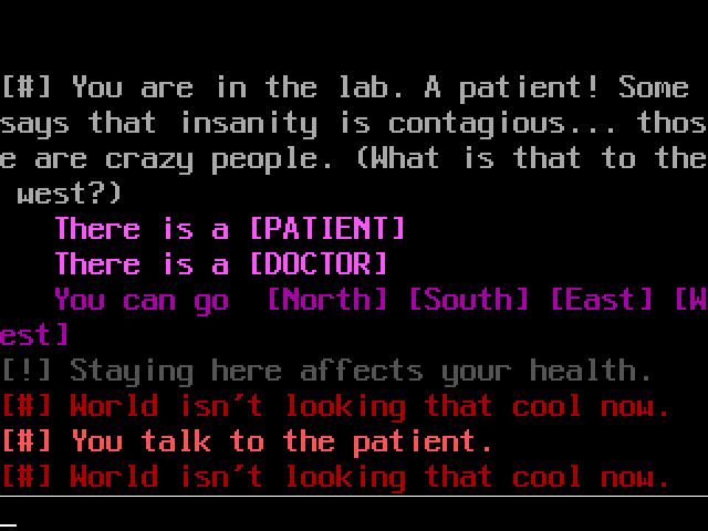Psychiatric Evaluation (Browser) screenshot: Talk to patients and the sanity level drops.