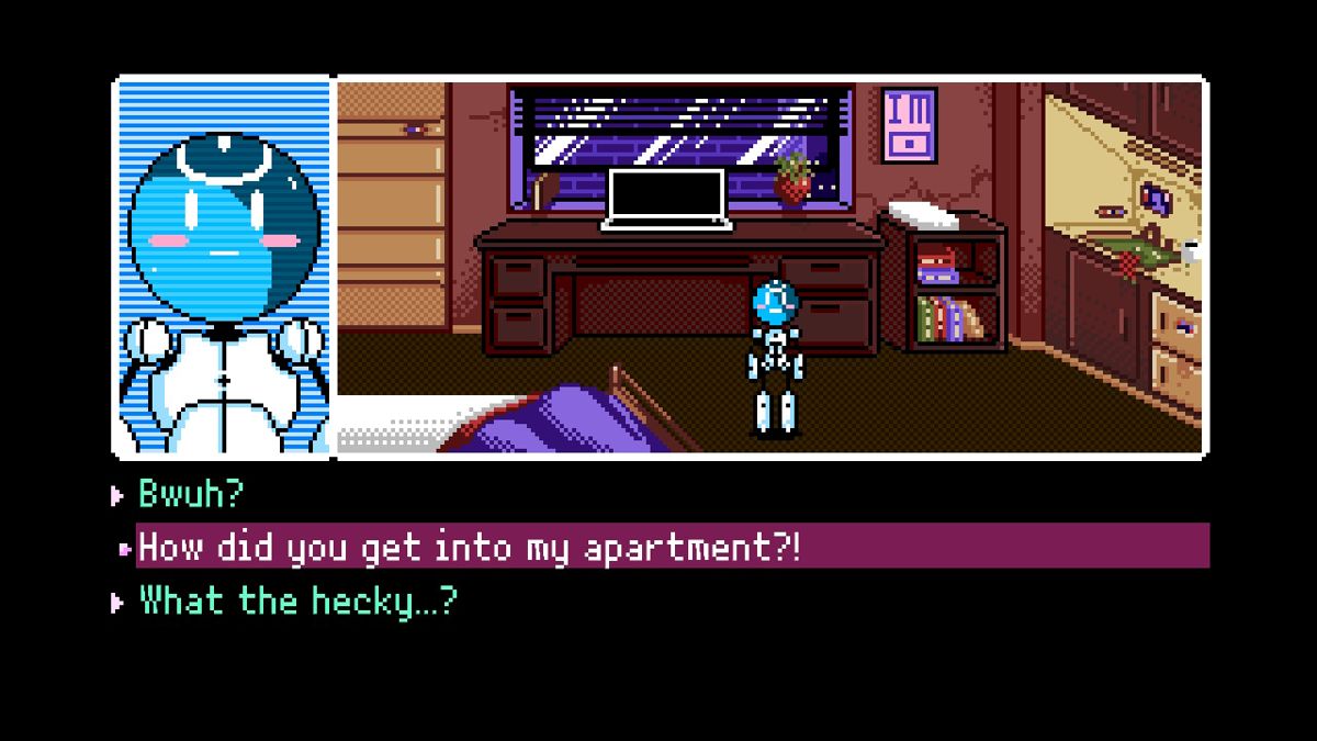 2064: Read Only Memories - Integral (Nintendo Switch) screenshot: A strangle little bot intruder entered my apartment in the middle of the night