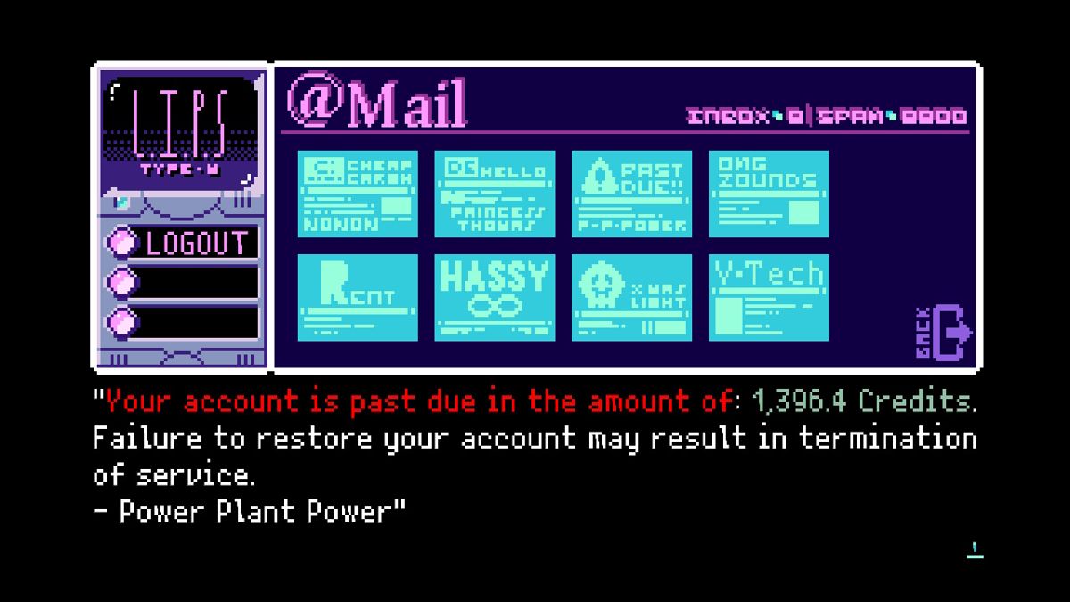2064: Read Only Memories - Integral (Nintendo Switch) screenshot: Checking e-mails