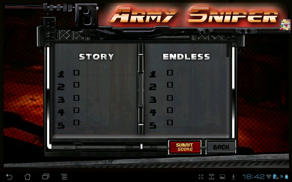 Army Sniper (Android) screenshot: The high score screen.