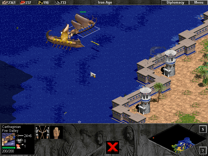 Age of Empires: The Rise of Rome (Demo Version) (Windows) screenshot: A Fire Galley can quickly burn down any enemy ship. Carthaginians also receive an additional bonus to the attack of these units as their special power.