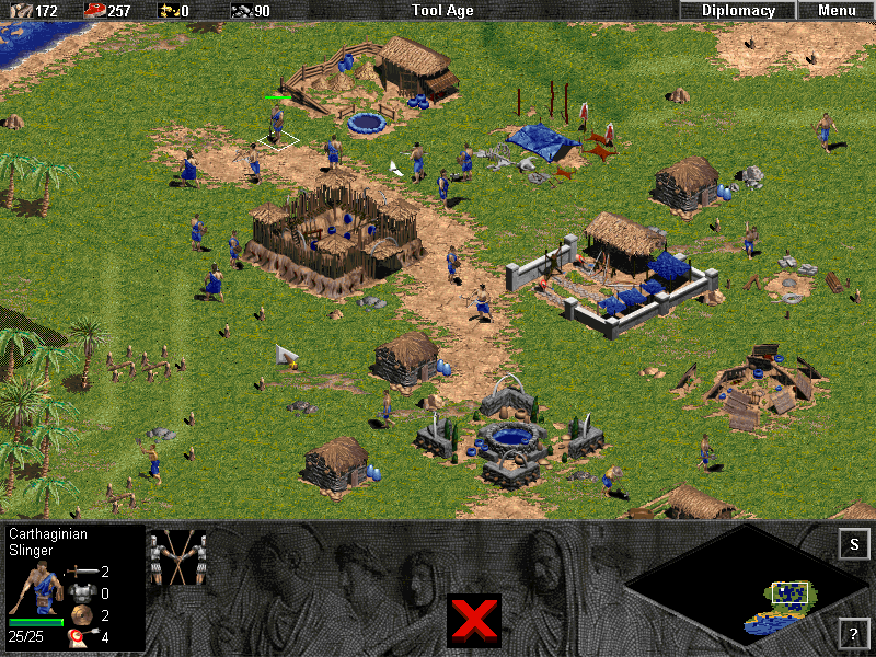 Age of Empires: The Rise of Rome (Demo Version) (Windows) screenshot: A Tool Age fighting force consisting of Axemen, Bowmen and Slingers.