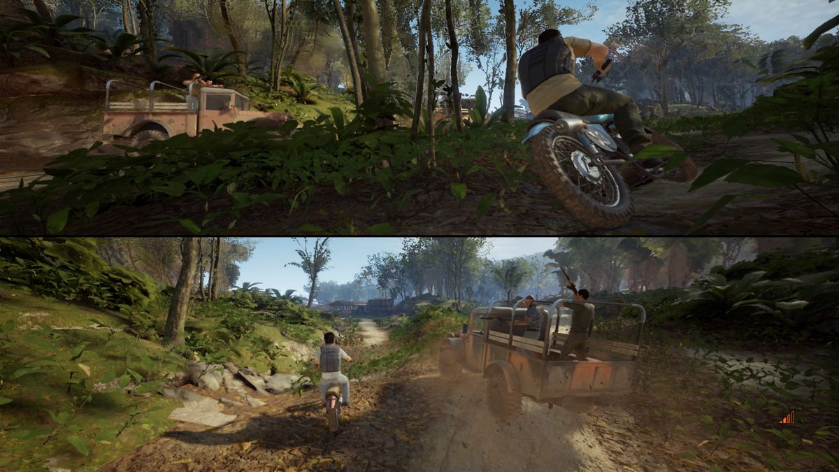 A Way Out (PlayStation 4) screenshot: Trying to reach the plane on an off-road bikes