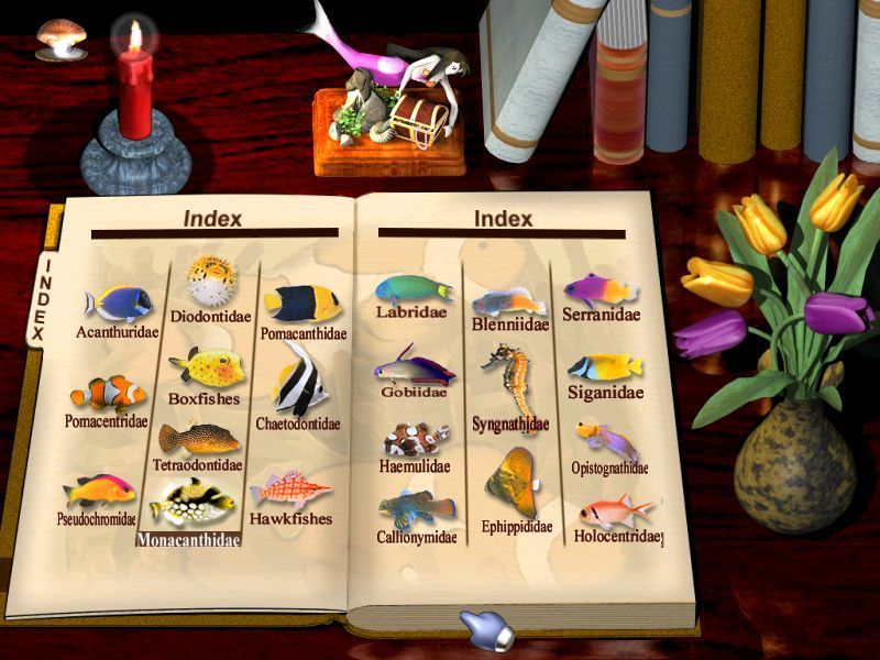 Fishz (Windows) screenshot: The encyclopaedia is easy to access. Each picture represents a family of fish and links to a section of the e-book.