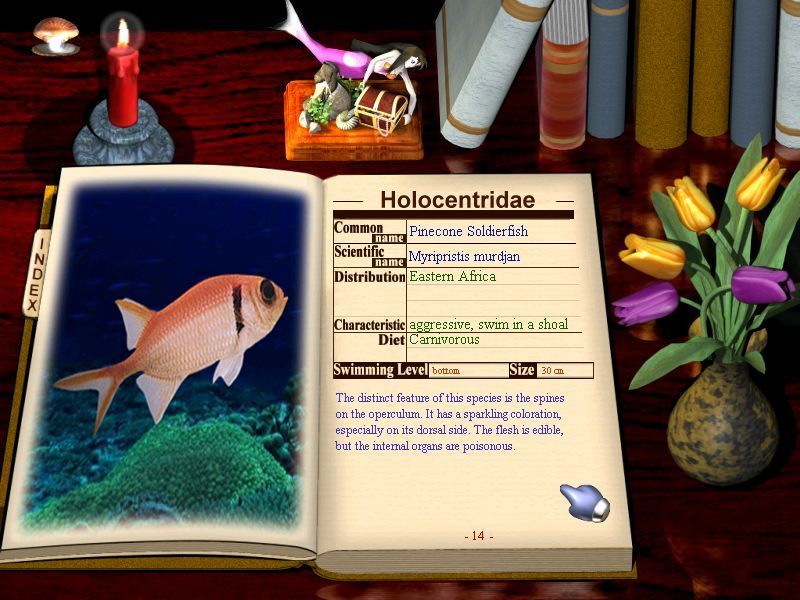 Fishz (Windows) screenshot: There's not a lot of information on each type of fish but all the essentials are there such as whether it plays well with others.