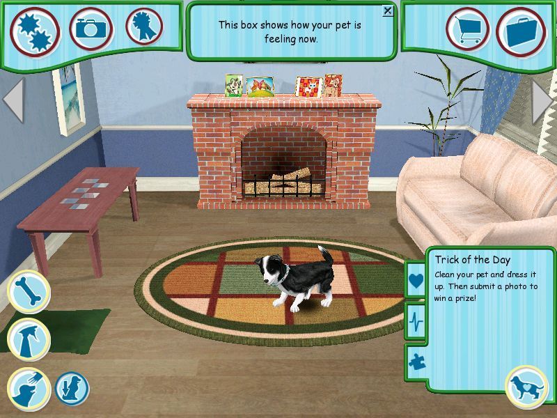 Dogz (Windows) screenshot: This is the living room. Mobydog sleeps here and is not allowed on the furniture. The menu in the lower right shows current messages as well as Mobydog's health.