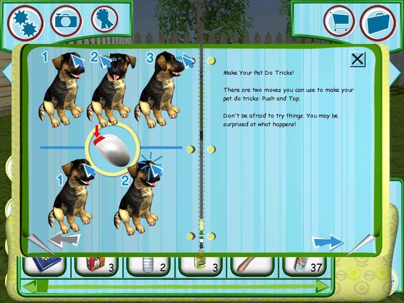 Dogz (Windows) screenshot: In the inventory is a book of basic tricks. teaching and performing these generates cash. More advanced books of tricks can be bought from the pet store.