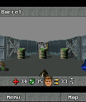 Doom RPG (J2ME) screenshot: These barrels look familiar.