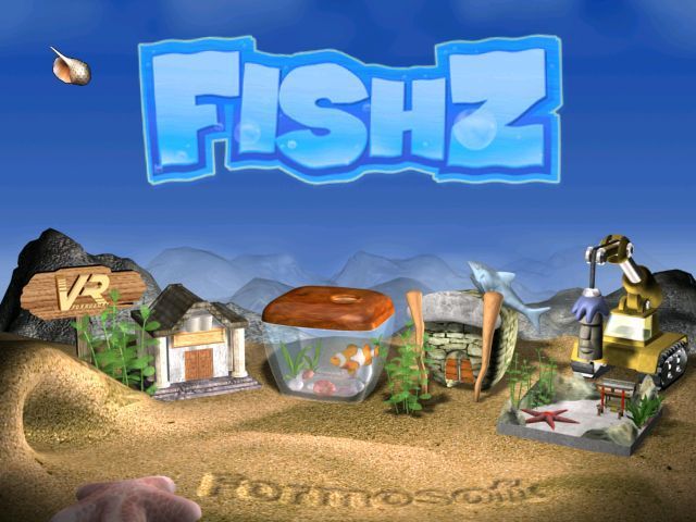 Fishz (Windows) screenshot: This is the main menu screen. Each building, shell and tunnel is a link to a menu option.