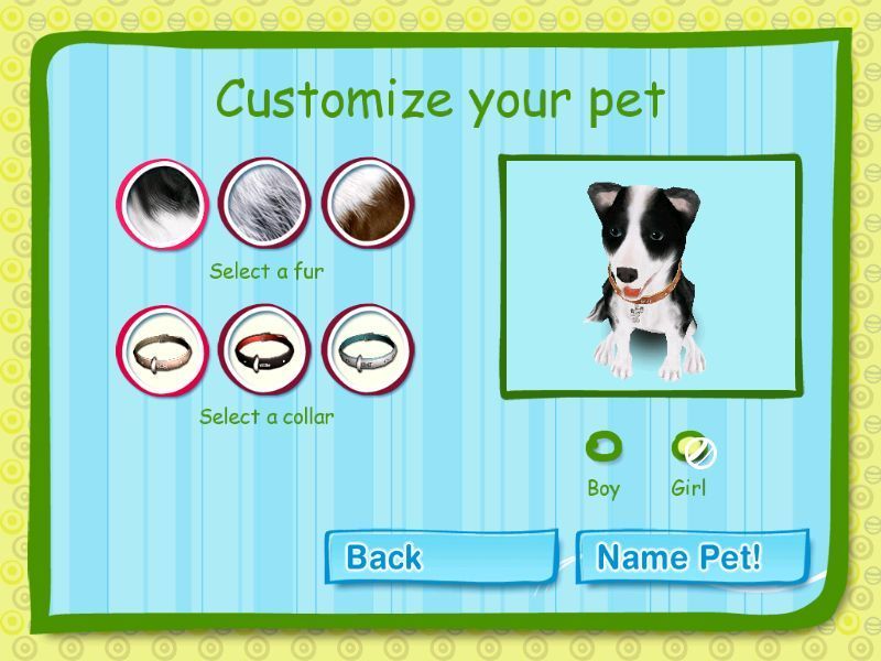 Dogz (Windows) screenshot: Once a breed has been selected its gender, hair colour and collar can be changed.