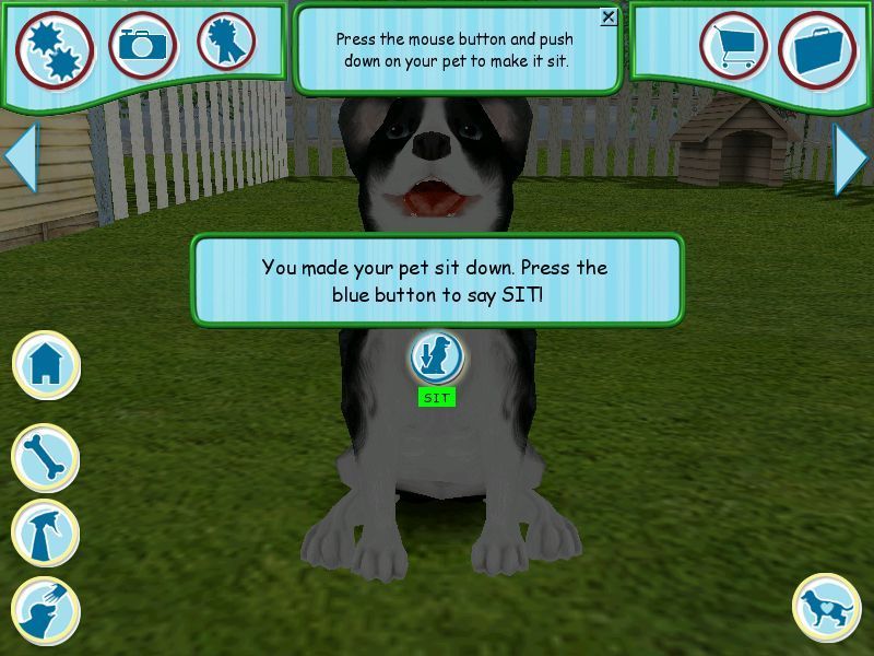 Dogz (Windows) screenshot: The game gives clear instructions, at least in the beginning. Teaching Mobydog to sit on command is the first trick to be taught.