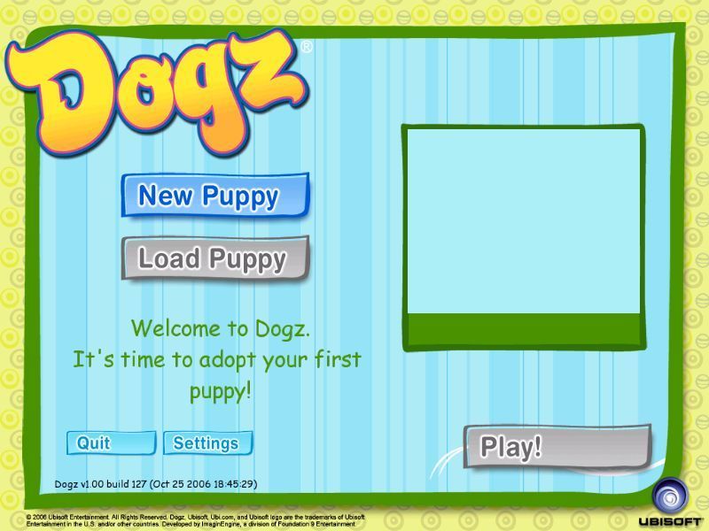 Dogz (Windows) screenshot: This is the first game screen. The first time through the player gets to choose their puppy. On subsequent visits they can choose another one or continue with their current pet.