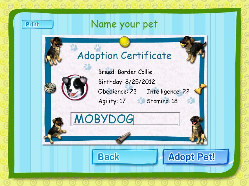 Dogz (Windows) screenshot: A dog has been adopted, say "Hello" to MOBYDOG. The certificate can be printed.