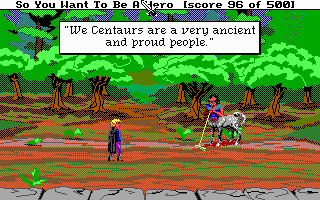 Hero's Quest: So You Want to Be a Hero (DOS) screenshot: Having a conversation with Heinrich the centaur