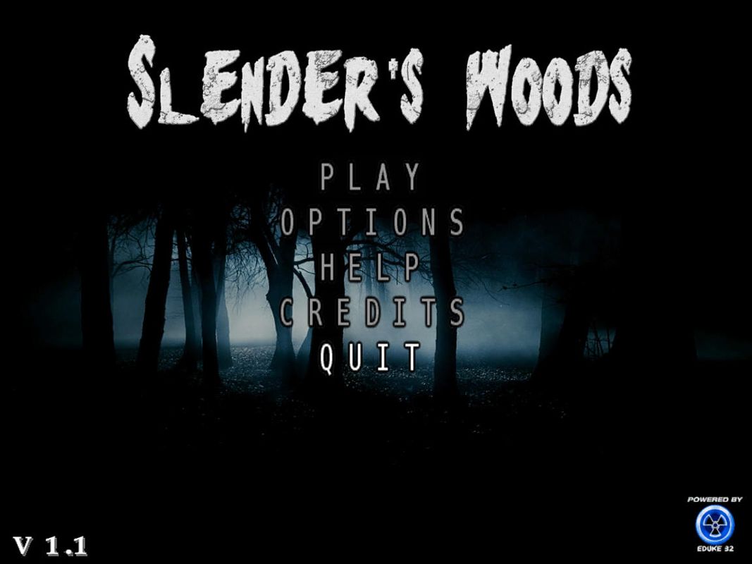 Slender's Woods (Windows) screenshot: Title screen with main menu