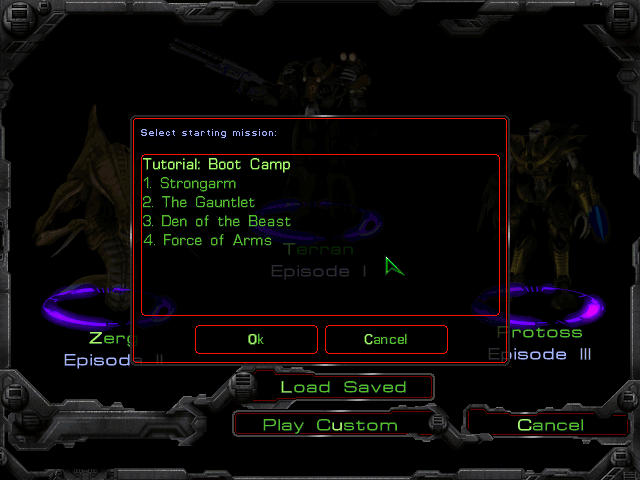 StarCraft (Demo Version) (Windows) screenshot: Campaign mission selection screen (CD version).