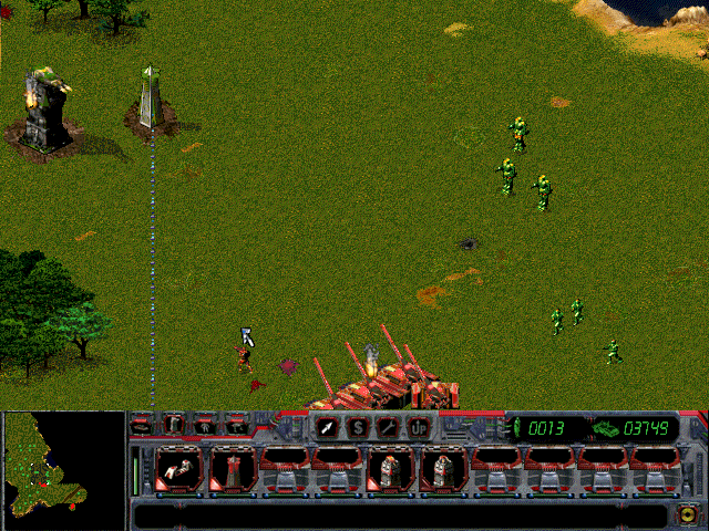 Dominion: Storm Over Gift 3 (Windows) screenshot: Infantry units attempt to fend off an enemy artillery attack. The bulky cyborg soldiers are quite powerful against vehicles but are also very slow.