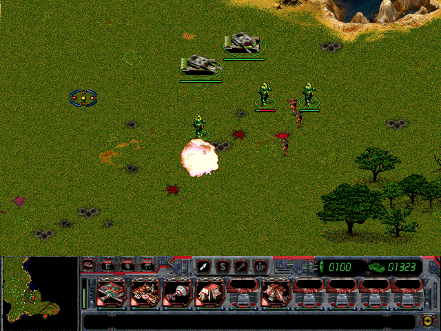 Dominion: Storm Over Gift 3 (Windows) screenshot: A minor skirmish with enemy infantry. Tank projectiles have area-of-effect damage, and may affect nearby friendly units as well.