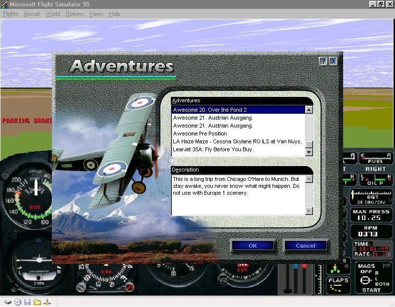 Global Sorties (Windows) screenshot: This is how the new adventures look in <i>Microsoft Flight Simulator 95's</i> Adventure Library. This is one of the adventures that is not compatible with a specific scenery package.