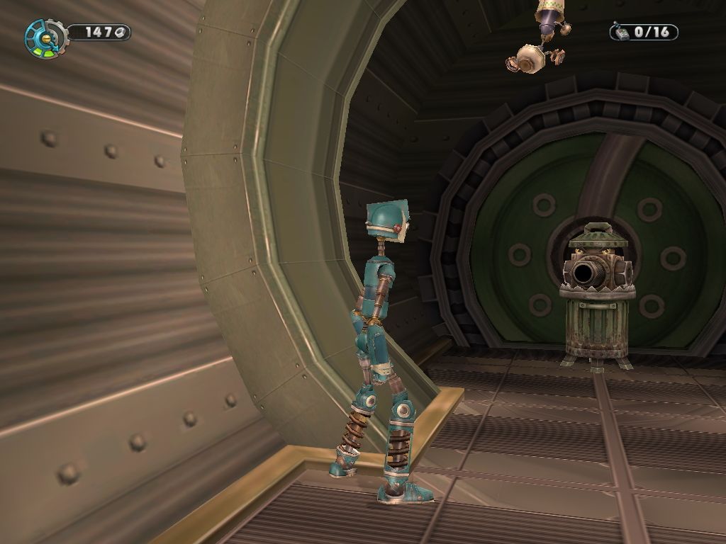Robots (Windows) screenshot: Rocket shooting trash can