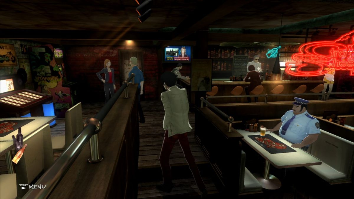 Catherine (PlayStation 3) screenshot: Customers in the bar will change and you can help them by giving them a good advice to their problems or watch their deaths reported on the TV news.