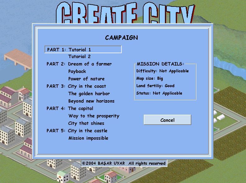 Create City (Windows) screenshot: This is the list of misions in the campaign mode