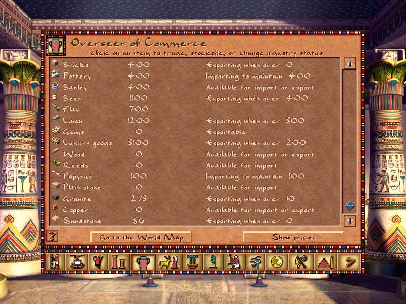 Pharaoh (Windows) screenshot: Overseers' menu: export/import settings