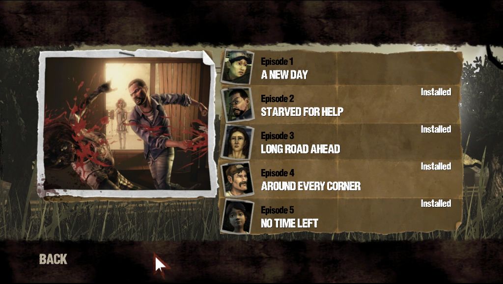 The Walking Dead (Windows) screenshot: Episode selection with all episodes installed.