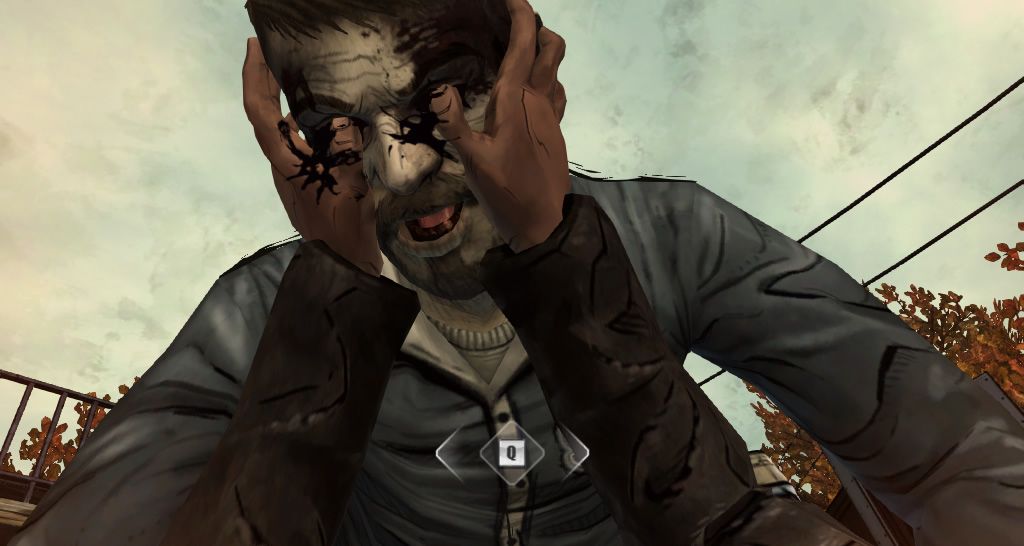 The Walking Dead (Windows) screenshot: Episode 2 - A QTE where Lee pokes out the eyes of a zombie.