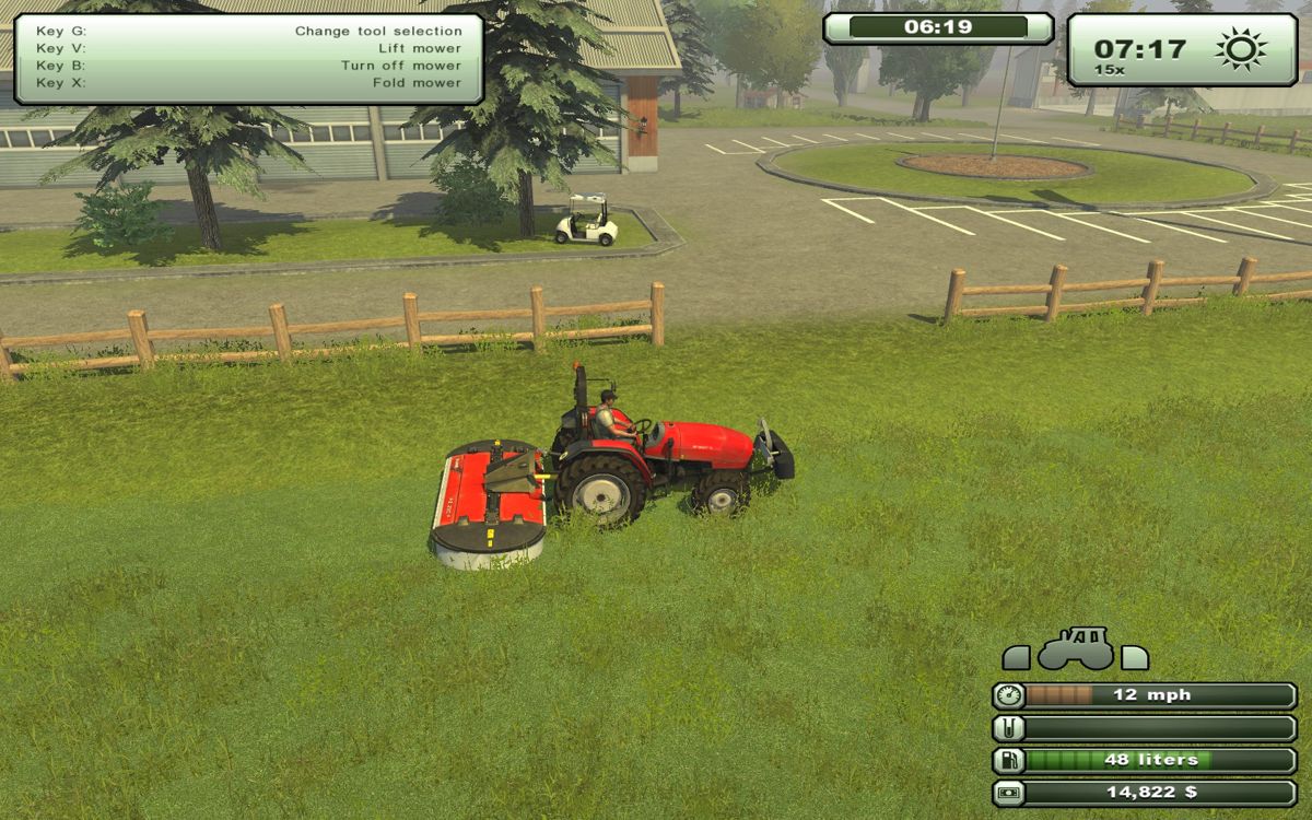 Farming Simulator 2013 (Windows) screenshot: Mowing the local golf course.