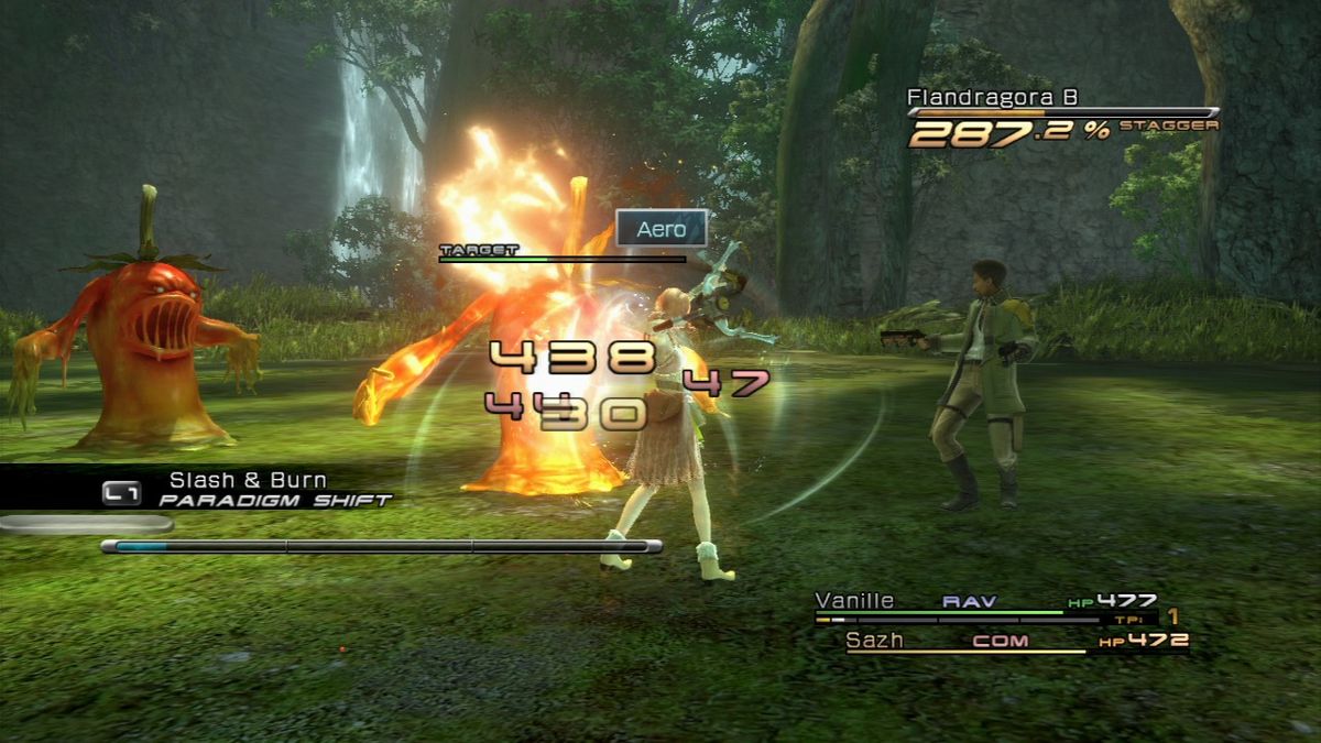 Final Fantasy XIII (PlayStation 3) screenshot: Flandragora is susceptible to a certain elemental attack.