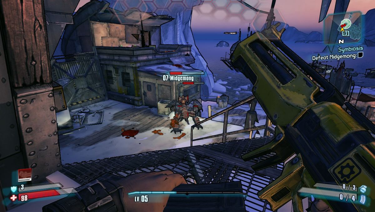 Borderlands 2 (Windows) screenshot: Fighting a midget..riding a four legged monster. Routine Borderlands.