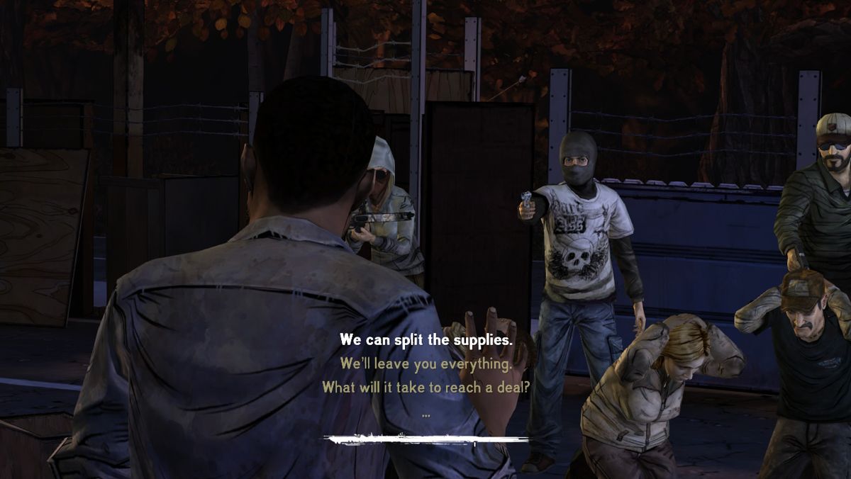 The Walking Dead (Windows) screenshot: Episode 3 - Dialogue options during a standoff with the bandits.