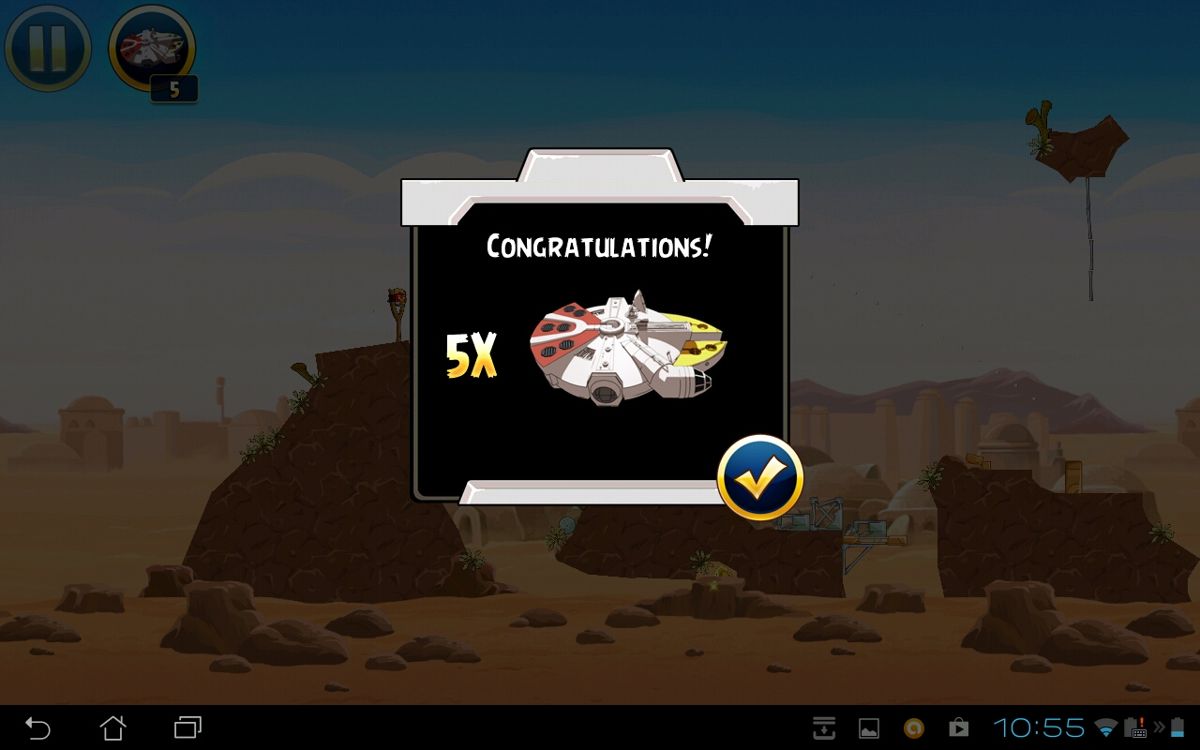 Angry Birds: Star Wars (Android) screenshot: For every 10 stars that the player earns, they will receive 5 Millennium Falcon bonus powers.