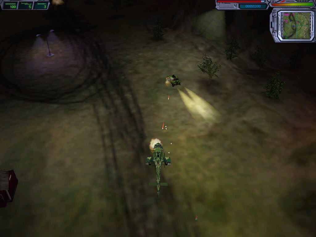 Hell-Copter (Windows) screenshot: Single enemy car? Fire! It's easy target.