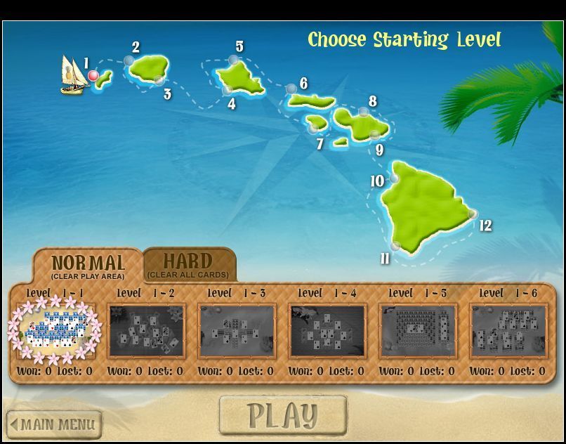 Aloha Solitaire (Windows) screenshot: The level structure is based on a journey through the Hawaiian islands.