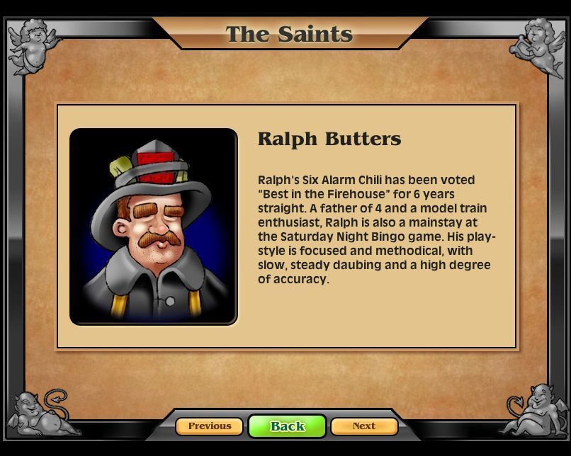 Saints & Sinners Bingo (Windows) screenshot: Each opponent has a bit of a back story