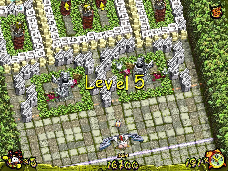 Chicken Attack (Windows) screenshot: Level five. This level is being played as a timed game. The timer is in the lower right.