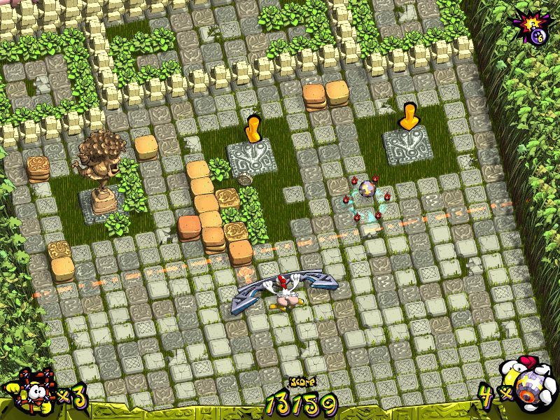 Chicken Attack (Windows) screenshot: Part way through level two with two of the three pressure plates exposed