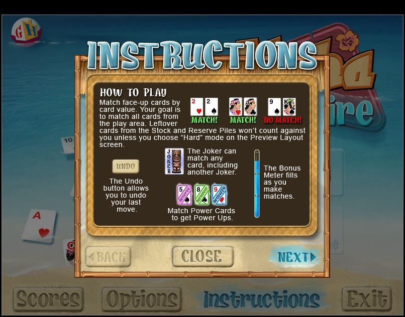 Aloha Solitaire (Windows) screenshot: The game's instructions. Do they really need to explain what a non-match is?