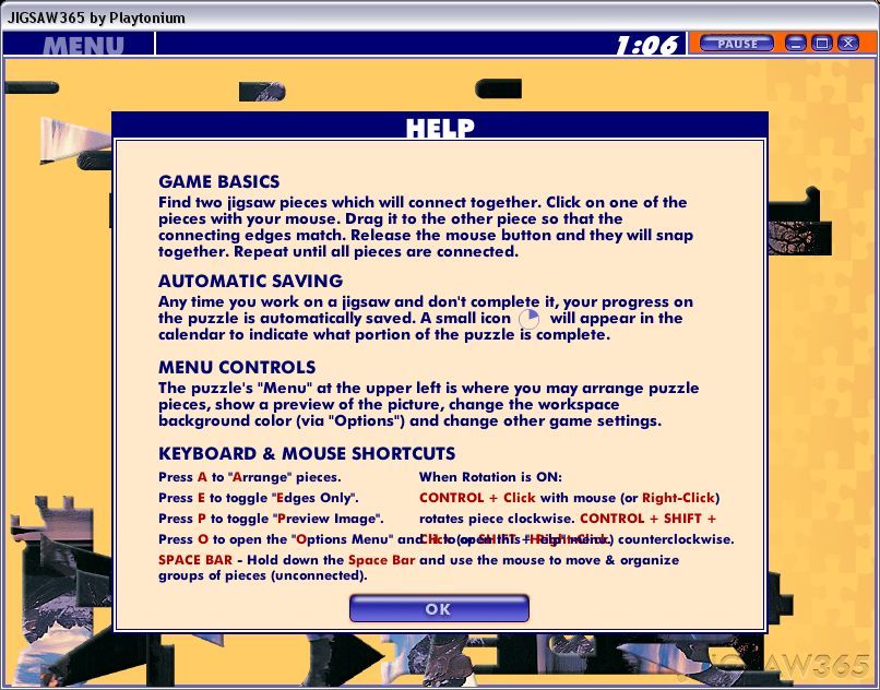 Jigsaw365 (Windows) screenshot: This is the in-game help screen