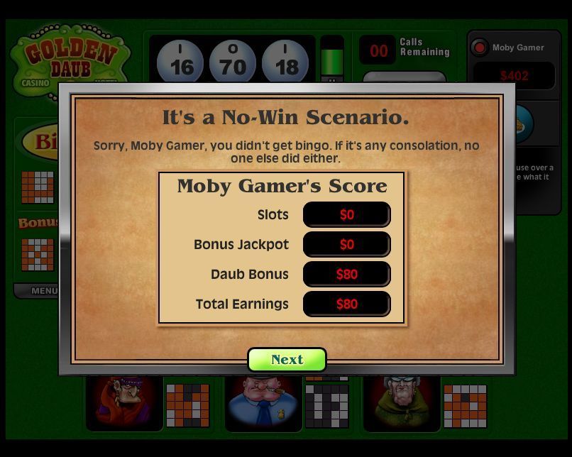 Saints & Sinners Bingo (Windows) screenshot: Not every game is won but a player can still accumulate cash