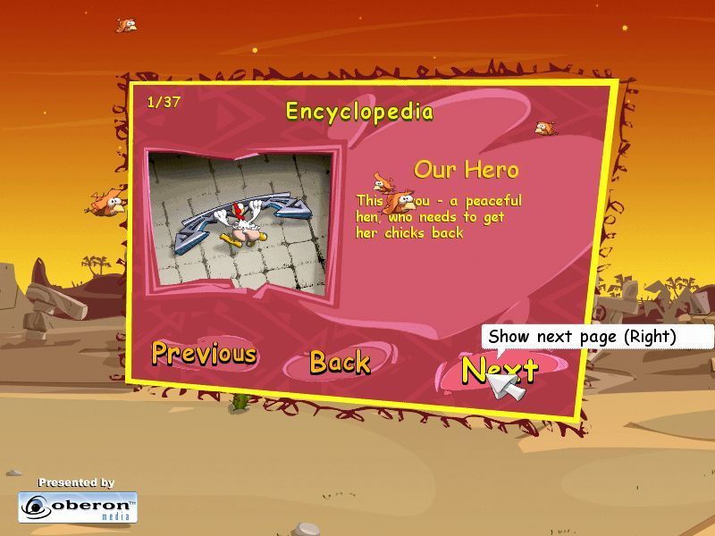 Chicken Attack (Windows) screenshot: The Encyclopedia option from the main menu has thirty seven screens like this, each showing a separate hazard and bonus item in the game