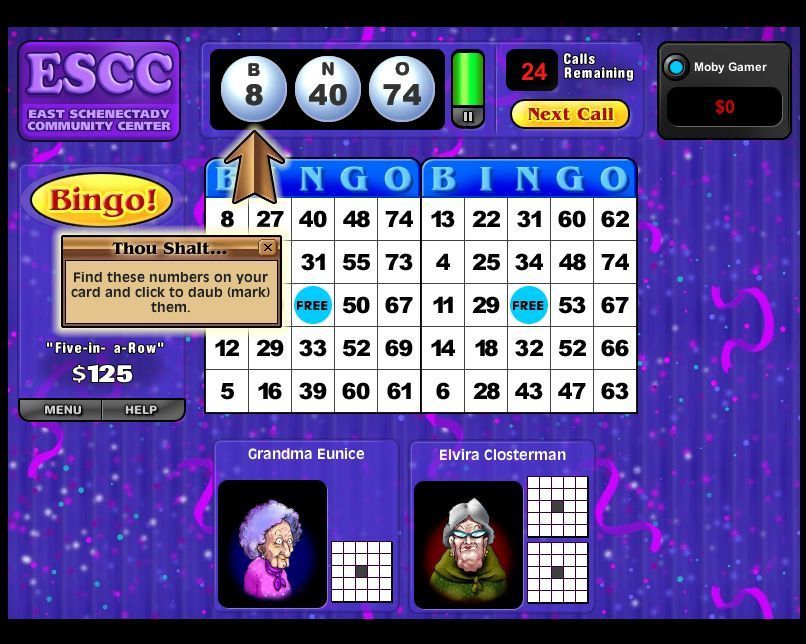 Saints & Sinners Bingo (Windows) screenshot: The game begins. As the tips box shows three numbers are displayed per call. The player must locate them on their card and click on them to daub them.